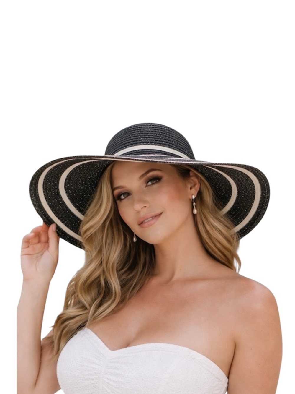 Black and White Wide Brim Straw Sun Hat Beach Resort Floppy Hat Striped Poolside